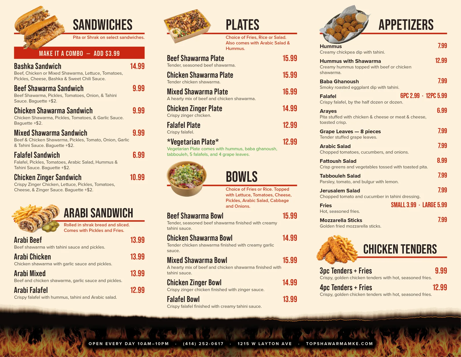 Top Shawarma takeout menu, inside: sandwiches, arabi sandwiches, plates, bowls, appetizers, salads and chicken tenders