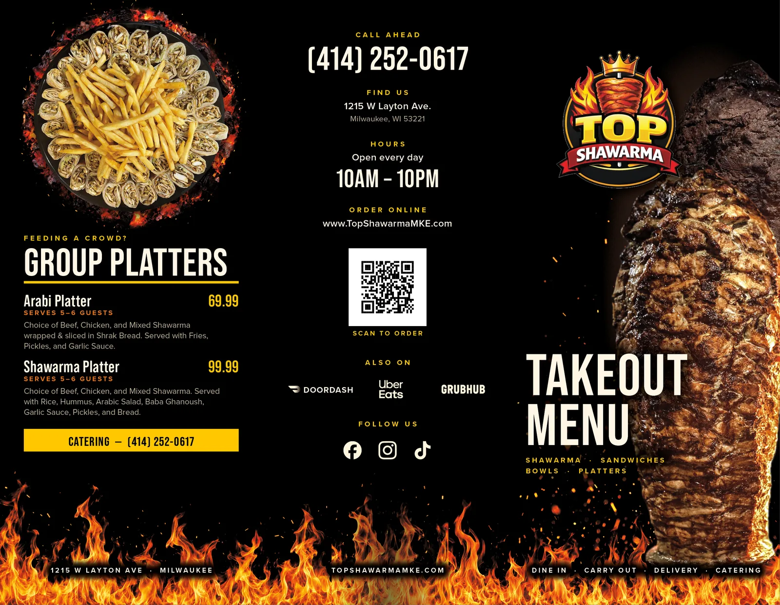 Top Shawarma takeout menu, outside: group platters, hours, address and ordering details